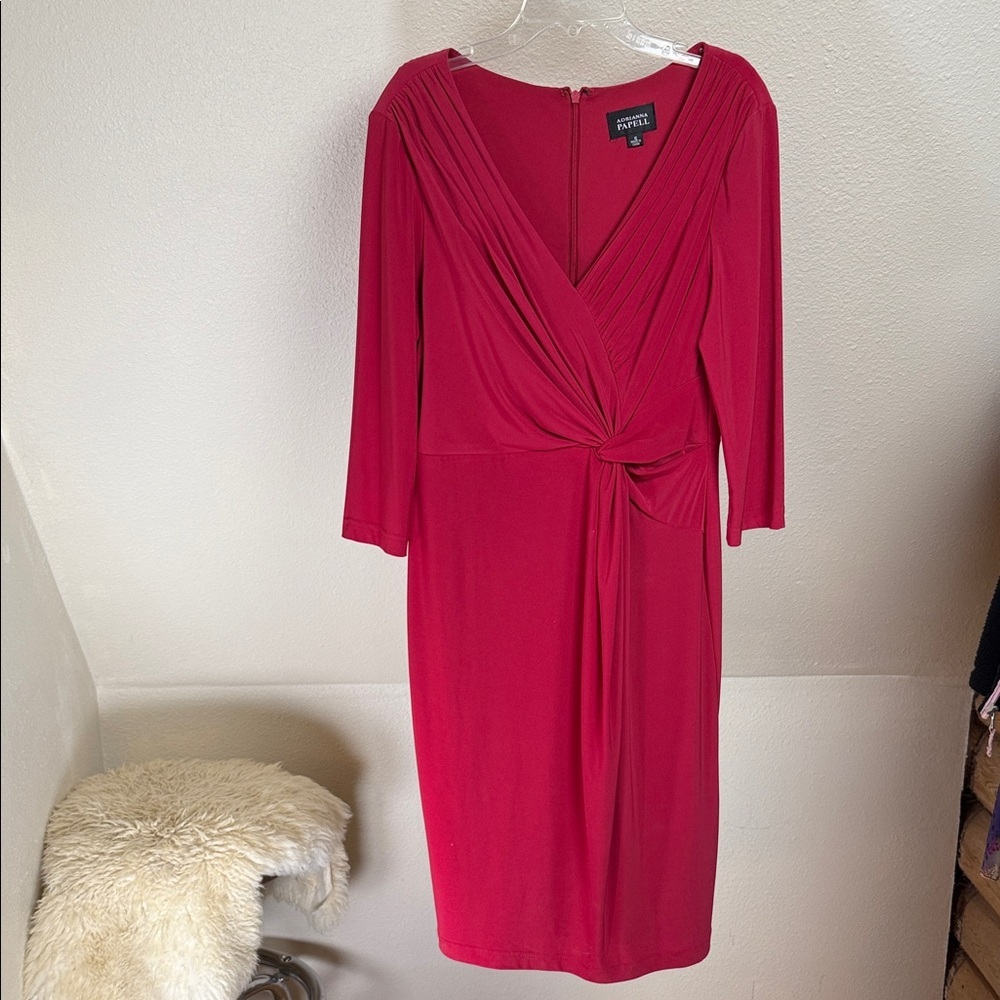 ADRIANNA PAPELL Dressy Long sleeved Red Faux Wrap Dress. Size Medium